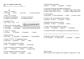 Тест по музика за трети клас
Име:_____________________ № ____
1. Знакът се нарича:
а/ петолиние б/ нота в/ сол ключ г/ ключ към песните
2. Знакът се поставя:
а/ в началото на петолинието б/ в края на петолинието
в/ в средата на петолинието в/ на произволно място
3. Оградената нота е:
а/ до б/ фа в/ сол г/ си
4 . Всяка от тези ноти има трайност:
а/ едно време б/ четири времена
б/ три времена г/ две времена
5. Знакът означава:
а/ цяла нота б/ половина в/ четвъртина г/ осмина
6. Цялата нота трае:
а/ цяла песен б/ едно време в/ две времена г/ четири времена
7. Схемата изобразява ритъма на:
а/ право хоро б/ ръченица в/ валс г/ марш
8. Човек, който създава музика се нарича:
а/ поет б/ художник в/ диригент г/ композитор
9. Група изпълнители на музикални инструменти се нарича:
а/ хор б/ оркестър в/ певец г/ танцов състав
10. Кой от изброените инструменти е струнен:
а/ китара б/ акордеон в/ флейта г/ гайда
11. Кой инструмент не е духов?
а/ флейта б/ гайда в/ акордеон г/ гъдулка
12. В кой ред са написани само народни инструменти?
а/ кавал, цигулка, барабан, тромпет б/ акордеон, гайда, тъпан, гъдулка
в/ флейта, китара, пиано, цигулка г/ кларинет, тамбура, дайре, виола
13. ХОР наричаме:
а/ група певци б/ група инструменти в/ певец г/ куплет от песен
14. Силата, с която се изпълнява музиката се нарича:
а/ динамика б/ темпо в/ височина г/ ритъм
15. Бързината на изпълнението се нарича:
а/ динамика б/ темпо в/ височина г/ ритъм
16. Човек, който ръководи оркестъра се нарича:
а/ танцьор б/ хороводец в/ диригент г/ композитор
17. Запишете заглавието на една народна песен, изучавана в трети клас.
__________________________________________________________
18. Музиката на коя от песните не е марш:
а/ „Де е България” б/ „Родна стряха” в/ „Татковина” г/ „Родина”
Скала за оценка:
18-16т. отличен; 15-13т. мн.добър; 21-10т. добър; 9-7т. среден; до 6т. - слаб
 