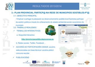 3.- PLAN PROVINCIAL PARTICP@ NA REDE DE MUNICIPIOS SOSTIBLES-P3@
RESULTADOS 2013/2014
3.1. OBXECTIVO PRINCIPAL3.1. OBXECTIVO PRINCIPAL
Implicar e achegar á poboación ao desenvolvemento sostible local facéndoa partícipe
da xestión pública a través do coñecemento do estado ambiental,social e económico doda xestión pública a través do coñecemento do estado ambiental,social e económico do
municipio.
3.2. TRABALLO REALIZADO3.2. TRABALLO REALIZADO
TRABALLOS INTERACTIVOS:
a. Xeoportal interactivo
http://provinciasostible.depourense.eshttp://provinciasostible.depourense.es
b. Redes sociais: Twitter, Facebook…
Páxina 12
ACCIÓNS DE PARTICIPACIÓN CIDADÁ: accións
seleccionadas con base técnica+ accións piloto+
concurso escolar.
PUBLICACIÓNS
 