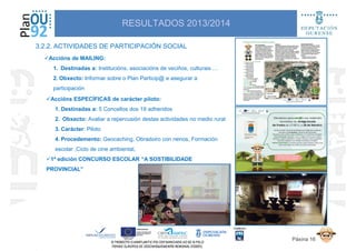 3.2.2. ACTIVIDADES DE PARTICIPACIÓN SOCIAL
RESULTADOS 2013/2014
Accións de MAILING:
1. Destinadas a: Institucións, asociacións de veciños, culturais …
2. Obxecto: Informar sobre o Plan Particip@ e asegurar a
participación
Accións ESPECÍFICAS de carácter piloto:
1. Destinadas a: 5 Concellos dos 19 adheridos
2. Obxecto: Avaliar a repercusión destas actividades no medio rural
3. Carácter: Piloto
4. Procedemento: Geocaching, Obradoiro con nenos, Formación
escolar ,Ciclo de cine ambiental,
1ª edición CONCURSO ESCOLAR “A SOSTIBILIDADE
PROVINCIAL”
Páxina 16
PROVINCIAL”
 