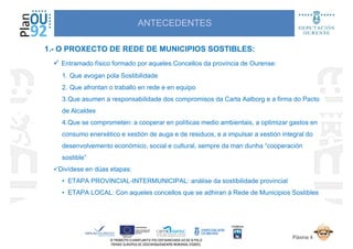 ANTECEDENTES
1.- O PROXECTO DE REDE DE MUNICIPIOS SOSTIBLES:
Entramado físico formado por aqueles Concellos da provincia de Ourense:
1. Que avogan pola Sostibilidade
2. Que afrontan o traballo en rede e en equipo
3.Que asumen a responsabilidade dos compromisos da Carta Aalborg e a firma do Pacto
de Alcaldes
4.Que se comprometen: a cooperar en políticas medio ambientais, a optimizar gastos en
consumo enerxético e xestión de auga e de residuos, e a impulsar a xestión integral do
desenvolvemento económico, social e cultural, sempre da man dunha “cooperación
sostible”
Divídese en dúas etapas:
Páxina 4
Divídese en dúas etapas:
• ETAPA PROVINCIAL-INTERMUNICIPAL: análise da sostibilidade provincial
• ETAPA LOCAL: Con aqueles concellos que se adhiran á Rede de Municipios Sostibles
 