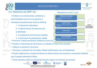 2.2. Obxectivos do OSP2.2. Obxectivos do OSP-- Ou:Ou:
Coñecer os condicionantes, problemas e
potencialidades da provincia seguindo a
metodoloxía proposta pola Carta de Aalborg:
ANTECEDENTES
Metodoloxía da A21 Local
metodoloxía proposta pola Carta de Aalborg:
1. O cálculo de indicadores
2. A determinación de obxectivos de
sostibilidade
3. A proposta de accións para acadalos
4. A promoción da participación cidadá
Promover o desenvolvemento sostible da provincia
Facilitar o intercambio de información e o traballo en rede entre concellos
Páxina 6
Elaborar a axenda 21 provincial
Promover a adhesión de Concellos á Rede de Municipios cara á Sostibilidade
Prestar colaboración e asistencia técnica na determinación de proxectos e actuacións Sostibles
dos Concellos adheridos á Rede.
Tomar decisións sobre as estratexias futuras a seguir na evolución do proxecto.
 