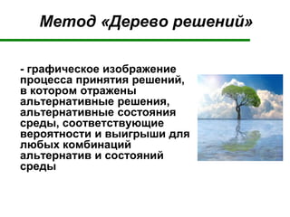 Метод «Дерево решений»
- графическое изображение
процесса принятия решений,
в котором отражены
альтернативные решения,
альтернативные состояния
среды, соответствующие
вероятности и выигрыши для
любых комбинаций
альтернатив и состояний
среды
 
