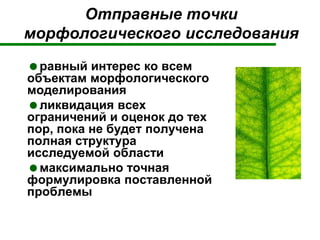 Отправные точки
морфологического исследования
равный интерес ко всем
объектам морфологического
моделирования
ликвидация всех
ограничений и оценок до тех
пор, пока не будет получена
полная структура
исследуемой области
максимально точная
формулировка поставленной
проблемы