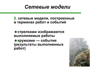 Сетевые модели
2. сетевые модели, построенные
в терминах работ и событий
стрелками изображаются
выполняемые работы
кружками — события
(результаты выполненных
работ)