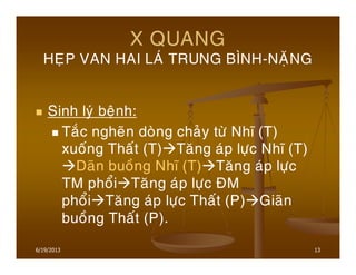 13
X QUANG
HEÏP VAN HAI LAÙ TRUNG BÌNH-NAËNG
Sinh lyù beänh:
Taéc ngheõn doøng chaûy töø Nhó (T)
xuoáng Thaát (T) Taêng aùp löïc Nhó (T)
Daõn buoàng Nhó (T) Taêng aùp löïc
TM phoåi Taêng aùp löïc ÑM
phoåi Taêng aùp löïc Thaát (P) Giaõn
buoàng Thaát (P).
6/19/2013
 