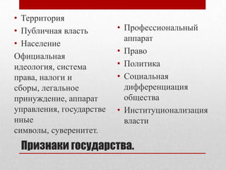 Признаки государства.
• Территория
• Публичная власть
• Население
Официальная
идеология, система
права, налоги и
сборы, легальное
принуждение, аппарат
управления, государстве
нные
символы, суверенитет.
• Профессиональный
аппарат
• Право
• Политика
• Социальная
дифференциация
общества
• Институционализация
власти
 
