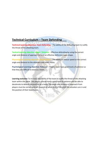 Technical Curriculum – Team Defending
Technical Learning objective: Team Defending – The ability of the defending team to nullify
the threat of the attacking team.
Tactical Learning objective: Angle / Distance – Effective defending by using the correct
angle and distance of approach to form an effective defensive team shape.
Physiological Learning objective: Deceleration – The ability to reduce speed at the correct
angle and distance to the attackers and team mates.
Psychological Learning objective: Patience – Players must have good levels of patience so
that they are difficult to beat as a team.
Learning outcome: To increase the ability of the team to nullify the threat of the attacking
team within the game. The players should have a good level of patience and be able to
decelerate to defend successfully as a team. The angle and distance of approach from
players must be correct and will depend on what third of the pitch the attackers are in and
the position of their teammates.
 
