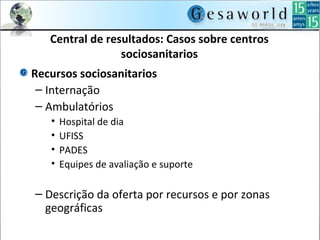 Central de resultados: Casos sobre centros
sociosanitarios
Recursos sociosanitarios
– Internação
– Ambulatórios
• Hospital de dia
• UFISS
• PADES
• Equipes de avaliação e suporte
– Descrição da oferta por recursos e por zonas
geográficas
 