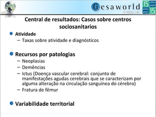 Central de resultados: Casos sobre centros
sociosanitarios
Atividade
– Taxas sobre atividade e diagnósticos
Recursos por patologias
– Neoplasias
– Demências
– Ictus (Doença vascular cerebral: conjunto de
manifestações agudas cerebrais que se caracterizam por
alguma alteração na circulação sanguínea do cérebro)
– Fratura de fêmur
Variabilidade territorial
 