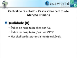 Central de resultados: Casos sobre centros de
Atenção Primária
Qualidade (II)
– Índice de hospitalizações por ICC
– Índice de hospitalizações por MPOC
– Hospitalizações potencialmente evitáveis
 