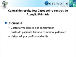 Central de resultados: Casos sobre centros de
Atenção Primária
Eficiência
– Gasto farmacêutico por consumidor
– Custo do paciente tratado com hipolipidêmico
– Visitas AP por profissional e dia
 