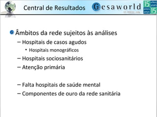 Central de Resultados
Âmbitos da rede sujeitos às análises
– Hospitais de casos agudos
• Hospitais monográficos
– Hospitais sociosanitários
– Atenção primária
– Falta hospitais de saúde mental
– Componentes de ouro da rede sanitária
 