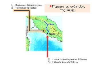 I. Οι εύφορες πεδιάδες γύρω
II. Το σχετικό υψόμετρο
III. Η μικρή απόσταση από τη θάλασσα
IV. Ο πλωτός ποταμός Τίβερης
Παράγοντες ανάπτυξης
της Ρώμης
 