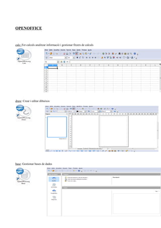 OPENOFFICE
calc: Fer calculs analitzar informació i gestionar fitzers de calculs
draw: Crear i editar dibuixos
base: Gestionar bases de dades
 