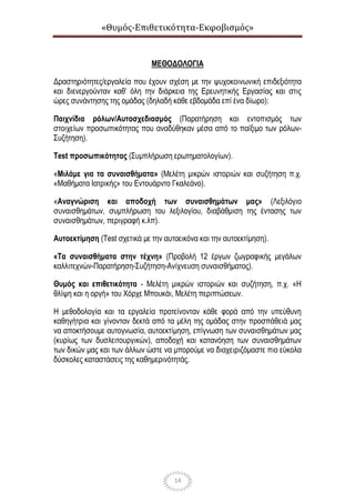 «Θυμός-Επιθετικότητα-Εκφοβισμός»
14
ΜΕΘΟΔΟΛΟΓΙΑ
Δραστηριότητες/εργαλεία που έχουν σχέση με την ψυχοκοινωνική επιδεξιότητα
και διενεργούνταν καθ’ όλη την διάρκεια της Ερευνητικής Εργασίας και στις
ώρες συνάντησης της ομάδας (δηλαδή κάθε εβδομάδα επί ένα δίωρο):
Παιχνίδια ρόλων/Αυτοσχεδιασμός (Παρατήρηση και εντοπισμός των
στοιχείων προσωπικότητας που αναδύθηκαν μέσα από το παίξιμο των ρόλων-
Συζήτηση).
Test προσωπικότητας (Συμπλήρωση ερωτηματολογίων).
«Μιλάμε για τα συναισθήματα» (Μελέτη μικρών ιστοριών και συζήτηση π.χ.
«Μαθήματα Ιατρικής» του Εντουάρντο Γκαλεάνο).
«Αναγνώριση και αποδοχή των συναισθημάτων μας» (Λεξιλόγιο
συναισθημάτων, συμπλήρωση του λεξιλογίου, διαβάθμιση της έντασης των
συναισθημάτων, περιγραφή κ.λπ).
Αυτοεκτίμηση (Test σχετικά με την αυτοεικόνα και την αυτοεκτίμηση).
«Τα συναισθήματα στην τέχνη» (Προβολή 12 έργων ζωγραφικής μεγάλων
καλλιτεχνών-Παρατήρηση-Συζήτηση-Ανίχνευση συναισθήματος).
Θυμός και επιθετικότητα - Μελέτη μικρών ιστοριών και συζήτηση, π.χ. «Η
θλίψη και η οργή» του Χόρχε Μπουκάι, Μελέτη περιπτώσεων.
Η μεθοδολογία και τα εργαλεία προτείνονταν κάθε φορά από την υπεύθυνη
καθηγήτρια και γίνονταν δεκτά από τα μέλη της ομάδας στην προσπάθειά μας
να αποκτήσουμε αυτογνωσία, αυτοεκτίμηση, επίγνωση των συναισθημάτων μας
(κυρίως των δυσλειτουργικών), αποδοχή και κατανόηση των συναισθημάτων
των δικών μας και των άλλων ώστε να μπορούμε να διαχειριζόμαστε πιο εύκολα
δύσκολες καταστάσεις της καθημερινότητάς.
 