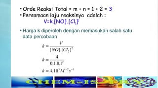 • Orde Reaksi Total = m + n = 1 + 2 = 3
• Persamaan laju reaksinya adalah :
V=k.[NO]1
.[Cl2]2
• Harga k diperoleh dengan memasukan salah satu
data percobaan
123
2
2
2
10.4
1,0.1,0
4
]].[[
−−
=
=
=
sMk
k
ClNO
V
k
 