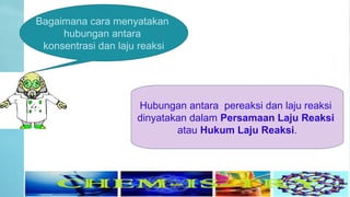 Bagaimana cara menyatakan
hubungan antara
konsentrasi dan laju reaksi
Hubungan antara pereaksi dan laju reaksi
dinyatakan dalam Persamaan Laju Reaksi
atau Hukum Laju Reaksi.
 