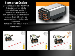 Sensor acústico
El sensor acústico detecta el nivel
de decibeles: la suavidad o
intensidad de un sonido. El
sensor acústico detecta dB y
dBA. sonidos que el oído humano
es capaz de oír. dB: todos los
sonidos existentes, incluyendo
los sonidos
demasiado altos o bajos para el
oído humano.