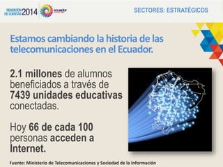 Estamos cambiando lahistoriadelas
telecomunicaciones enelEcuador.
2.1 millones de alumnos
beneficiados a través de
7439 unidades educativas
conectadas.
Hoy 66 de cada 100
personas acceden a
Internet.
Fuente: Ministerio de Telecomunicaciones y Sociedad de la Información
SECTORES: ESTRATÉGICOS
 