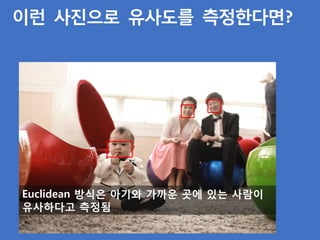 이런 사진으로 유사도를 측정한다면?
Euclidean 방식은 아기와 가까운 곳에 있는 사람이
유사하다고 측정됨
 