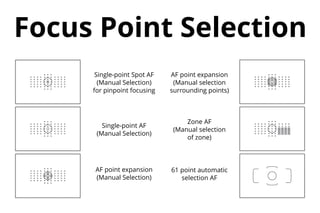 Focussing
Single-point Spot AF
(Manual Selection)
for pinpoint focusing
Single-point AF
(Manual Selection)
AF point expansion
(Manual Selection)
AF point expansion
(Manual selection
surrounding points)
Zone AF
(Manual selection
of zone)
61 point automatic
selection AF
Focus Point Selection
 