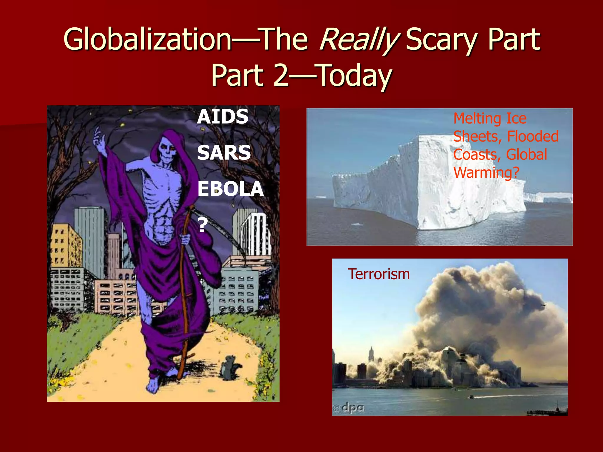 Globalization—The Really Scary Part
Part 2—Today
AIDS
SARS
EBOLA
?
Melting Ice
Sheets, Flooded
Coasts, Global
Warming?
Terrorism
 