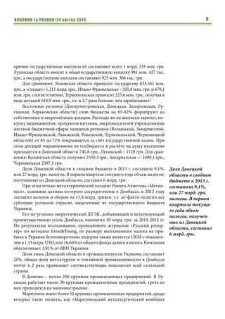 ВИКЛИКИ та РИЗИКИ/24 квітня 2014 9
причем государственные выплаты ей составляют всего 1 млрд. 235 млн. грн.
Луганская область вносит в общегосударственную копилку 981 млн. 427 тыс.
грн., а государственные выплаты составляют 925 млн. 368 тыс. грн.
Для сравнения: Львовская область приносит государству 823,342 млн.
грн., а «съедает» 1,215 млрд. грн., Ивано-Франковская – 321,8 млн. грн. и 679,1
млн. грн. соответственно, Тернопольская приносит 223,6 млн. грн., получая в
виде дотаций 618,9 млн. грн., т.е. в 2,7 раза больше, чем зарабатывает!
Восточные регионы (Днепропетровская, Донецкая, Запорожская, Лу-
ганская, Харьковская области) свои бюджеты на 65-82% формируют из
собственных и закреплённых доходов. Расходы же на выплаты зарплат, по-
купку медикаментов, продуктов питания, энергоносителей учреждениями
местной бюджетной сферы западных регионов (Волынской, Закарпатской,
Ивано-Франковской, Львовской, Ровенской, Тернопольской, Черновицкой
областей) от 65 до 72% покрываются за счёт государственной казны. При
этом дотаций выравнивания из госбюджета в расчёте на душу населения
приходится в Донецкой области 741,6 грн., Луганской – 1128 грн. Для срав-
нения: Волынская область получает 2530,3 грн., Закарпатская — 2499,1 грн.,
Черновицкая 2397,1 грн.
Доля Донецкой области в сводном бюджете в 2013 г. составила 9,1%,
или 27 млрд. грн. налогов. В первом квартале текущего года объем налогов,
полученных из Донецкой области, составил 6 млрд. грн.
При этом только металлургический холдинг Рината Ахметова «Метин-
вест», основные активы которого сосредоточены в Донбассе, в 2012 году
заплатил налогов и сборов на 11,8 млрд. гривен, т.е. де-факто оплатил все
субсидии угольной отрасли, выделенные из государственного бюджета
Украины.
Его же угольно-энергетический ДТЭК, добывающий и использующий
преимущественно уголь Донбасса, выплатил 10 млрд. грн. за 2011-2012 гг.
По результатам исследования, проведённого журналом «Русский репор-
тёр» по методике Ernst&Young, по размеру выплаченного налога на при-
быль в Украине безоговорочным лидером также является СКМ с показате-
лемв1,15млрд.USD,или16,64%отобщегофондаданногоналога.Компания
обеспечивает 3,91% от ВВП Украины.
Доля лишь Донецкой области в промышленности Украины составляет
20%, общая доля металлургии и топливной промышленности в Донбассе
почти в 2 раза превышает соответствующие показатели всей остальной
страны.
В Донецке – почти 200 крупных промышленных предприятий. В Лу-
ганске работает около 30 крупных промышленных предприятий, треть из
них приходится на машиностроение.
Мариуполь имеет более 50 крупных промышленных предприятий, среди
которых такие гиганты, как «Мариупольский металлургический комбинат
Доля Донецкой
области в сводном
бюджете в 2013 г.
составила 9,1%,
или 27 млрд. грн.
налогов. В первом
квартале текуще-
го года объем
налогов, получен-
ных из Донецкой
области, составил
6 млрд. грн.
 