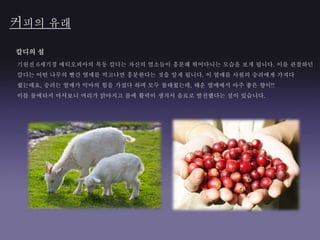 기원전 6세기경 에티오피아의 목동 칼디는 자신의 염소들이 흥분해 뛰어다니는 모습을 보게 됩니다. 이를 관찰하던
칼디는 어떤 나무의 빨간 열매를 먹고나면 흥분한다는 것을 알게 됩니다. 이 열매를 사원의 승려에게 가져다
줬는데요, 승려는 열매가 악마의 힘을 가졌다 하며 모두 불태웠는데, 태운 열매에서 아주 좋은 향이!!
이를 물에타서 마셔보니 머리가 맑아지고 몸에 활력이 생겨서 음료로 발전했다는 설이 있습니다.
커피의 유래
칼디의 설
 