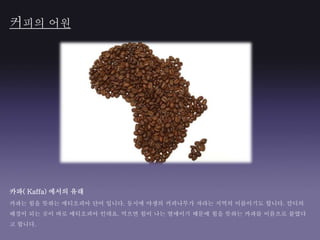 커피의 어원
카파( Kaffa) 에서의 유래
카파는 힘을 뜻하는 에티오피아 단어 입니다. 동시에 야생의 커피나무가 자라는 지역의 이름이기도 합니다. 칼디의
배경이 되는 곳이 바로 에티오피아 인데요, 먹으면 힘이 나는 열매이기 때문에 힘을 뜻하는 카파를 이름으로 붙였다
고 합니다.
 