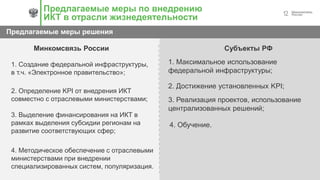 12
Предлагаемые меры решения
Предлагаемые меры по внедрению
ИКТ в отрасли жизнедеятельности
Минкомсвязь России Субъекты РФ
1. Создание федеральной инфраструктуры,
в т.ч. «Электронное правительство»;
2. Определение KPI от внедрения ИКТ
совместно с отраслевыми министерствами;
3. Выделение финансирования на ИКТ в
рамках выделения субсидии регионам на
развитие соответствующих сфер;
4. Методическое обеспечение с отраслевыми
министерствами при внедрении
специализированных систем, популяризация.
1. Максимальное использование
федеральной инфраструктуры;
2. Достижение установленных KPI;
3. Реализация проектов, использование
централизованных решений;
4. Обучение.
 
