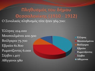 Ο Συνολικός πληθυσμός τότε ήταν 569.700:
Έλληνες 224.000
Μουσουλμάνοι 200.500
Βούλγαροι 75.700
Εβραίοι 61.800
Ρωμανίζοντες 6.000
Σέρβοι 1.407
Αθίγγανοι 980
Έλληνες
Μουσουλμάνοι
Βούλγαροι
Εβραίοι
Ρωμανίζοντες
Σέρβοι
Αθίγγανοι
 