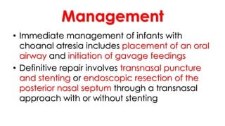 Management
• Immediate management of infants with
choanal atresia includes placement of an oral
airway and initiation of gavage feedings
• Definitive repair involves transnasal puncture
and stenting or endoscopic resection of the
posterior nasal septum through a transnasal
approach with or without stenting
 