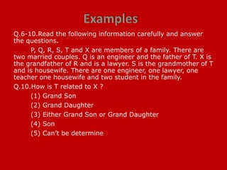 Q.6-10.Read the following information carefully and answer
the questions.
P, Q, R, S, T and X are members of a family. There are
two married couples. Q is an engineer and the father of T. X is
the grandfather of R and is a lawyer. S is the grandmother of T
and is housewife. There are one engineer, one lawyer, one
teacher one housewife and two student in the family.
Q.10.How is T related to X ?
(1) Grand Son
(2) Grand Daughter
(3) Either Grand Son or Grand Daughter
(4) Son
(5) Can’t be determine
 