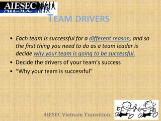 AIESEC Vietnam Transition
• Each team is successful for a different reason, and so
the first thing you need to do as a team leader is
decide why your team is going to be successful.
• Decide the drivers of your team’s success
• “Why your team is successful”
TEAM DRIVERS
 