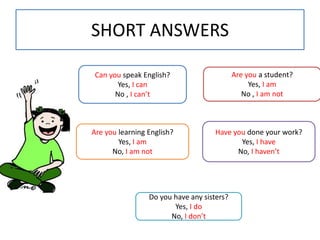 SHORT ANSWERS
Are you a student?
Yes, I am
No , I am not
Do you have any sisters?
Yes, I do
No, I don’t
Are you learning English?
Yes, I am
No, I am not
Have you done your work?
Yes, I have
No, I haven’t
Can you speak English?
Yes, I can
No , I can’t
 