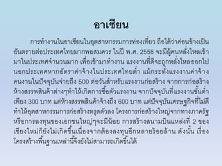 อาเซียน
กำรทำงำนในอำเซียนในอุตสำหกรรมกำรท่องเที่ยว ถือได้ว่ำค่อนข้ำงเป็น
อันตรำยต่อประเทศไทยมำกพอสมควร ในปี พ.ศ. 2558 จะมีผู้คนหลั่งไหลเข้ำ
มำในประเทศจำนวนมำก เพื่อเข้ำมำทำงำน แรงงำนที่ดีจะถูกหลั่งไหลออกไป
นอกประเทศหำกอัตรำค่ำจ้ำงในประเทศไทยต่ำ แม้กระทั่งแรงงำนค่ำจ้ำง
คนงำนในปัจจุบันจ่ำยถึง 500 ต่อวันสำหรับแรงงำนก่อสร้ำง จำกกำรก่อสร้ำง
ห้ำงสรรพสินค้ำต่ำงๆทำให้เกิดกำรซื้อตัวแรงงำน จำกปัจจุบันที่แรงงำนขั้นต่ำ
เพียง 300 บำท แต่ห้ำงสรรพสินค้ำจ้ำงถึง 600 บำท แต่ปัจจุบันเศรษฐกิจที่ไม่ดี
ทำให้อุตสำหกรรมกำรก่อสร้ำงทรุดตัวลง โครงกำรก่อสร้ำงใหญ่จำกทำงภำครัฐ
หรือกำรลงทุนของเอกชนใหญ่ๆจะมีน้อย กำรสร้ำงสนำมบินแหล่งที่ 2 ของ
เชียงใหม่ก็ยังไม่เกิดขึ้นเนื่องจำกต้องลงทุนอีกหลำยร้อยล้ำน ดังนั้น เรื่อง
โครงสร้ำงพื้นฐำนเหล่ำนี้จึงยังไม่สำมำรถเกิดขึ้นได้
 