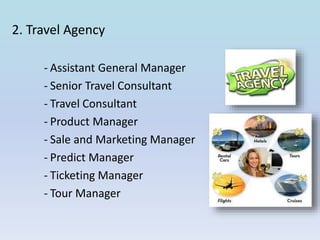 2. Travel Agency
- Assistant General Manager
- Senior Travel Consultant
- Travel Consultant
- Product Manager
- Sale and Marketing Manager
- Predict Manager
- Ticketing Manager
- Tour Manager
 