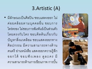 3.Artistic (A)
• มีลักษณะเป็นศิลปิน ชอบแสดงออก ไม่
ค่อยคล้อยตำมบุคคลอื่น ชอบกำร
ไตร่ตรอง ไม่ชอบกำรสัมพันธ์เป็นส่วนตัว
โดยตรงกับใคร ชอบคิดค้นเกี่ยวกับ
ปัญหำสิ่งแวดล้อม ชอบแสดงออกทำง
ศิลปกรรม มีควำมสำมำรถทำงด้ำน
ดนตรี อ่ำนหนังสือ แสดงออกควำมรู้สึก
ออกได้ ชอบฟั งเพลง ดูละคร มี
ควำมสำมำรถด้ำนกำรเขียนภำพ กำรปั้น
 