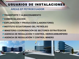 TRANSPORTE Y ALMACENAMIENTO
COMERCIALIZACIÓN
EXPLORACIÓN Y PRODUCCIÓN (LABORATORIO)
INSTITUTO ECUATORIANO DEL PETRÓLEO
USUARIOS DE INSTALACIONES
MINISTERIO COORDINACIÓN DE SECTORES ESTRATÉGICOS
AGENCIA DE REGULACIÓN Y CONTROL HIDROCARBURÍFERO
AGENCIA DE REGULACIÓN Y CONTROL MINERO
ÁREAS EP PETROECUADOR
 