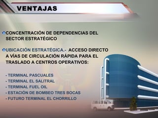 VENTAJAS
CONCENTRACIÓN DE DEPENDENCIAS DEL
SECTOR ESTRATÉGICO
UBICACIÓN ESTRATÉGICA.- ACCESO DIRECTO
A VÍAS DE CIRCULACIÓN RÁPIDA PARA EL
TRASLADO A CENTROS OPERATIVOS:
- TERMINAL PASCUALES
- TERMINAL EL SALITRAL
- TERMINAL FUEL OIL
- ESTACIÓN DE BOMBEO TRES BOCAS
- FUTURO TERMINAL EL CHORRILLO
 