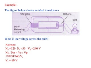 Example:
The figure below shows an ideal transformer
What is the voltage across the bulb?
Answer:
Np =120 Ns =30 Vp =240 V
Ns / Np = Vs / Vp
120/30/240/Vs
Vs = 60 V
 