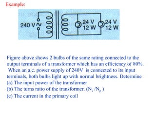 Example:
Figure above shows 2 bulbs of the same rating connected to the
output terminals of a transformer which has an efficiency of 80%.
When an a.c. power supply of 240V is connected to its input
terminals, both bulbs light up with normal brightness. Determine
(a) The input power of the transformer
(b) The turns ratio of the transformer. (Ns /Np )
(c) The current in the primary coil
 