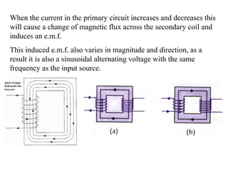 When the current in the primary circuit increases and decreases this
will cause a change of magnetic flux across the secondary coil and
induces an e.m.f.
This induced e.m.f. also varies in magnitude and direction, as a
result it is also a sinusoidal alternating voltage with the same
frequency as the input source.
 
