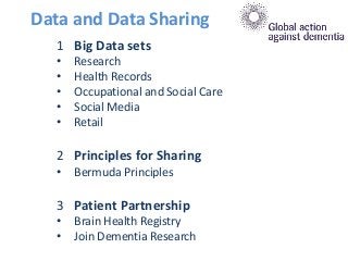 1 Big Data sets
• Research
• Health Records
• Occupational and Social Care
• Social Media
• Retail
2 Principles for Sharing
• Bermuda Principles
3 Patient Partnership
• Brain Health Registry
• Join Dementia Research
Data and Data Sharing
 