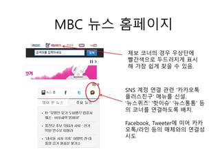 MBC 뉴스 홈페이지
제보 코너의 경우 우상단에
빨간색으로 두드러지게 표시
해 가장 쉽게 찾을 수 있음.
SNS 계정 연결 관련 '카카오톡
플러스친구' 메뉴를 신설.
'뉴스퀴즈' '핫이슈' '뉴스통통' 등
의 코너를 연결하도록 배치.
Facebook, Tweeter에 이어 카카
오톡/라인 등의 매체와의 연결성
시도
 