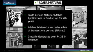 ©2014 Software AG. All rights reserved.4 |
 South African Natural/Adabas
Applications In Production for 20+
years
 Adabas Achieved a record number
of transactions per sec (1M/sec)
 Globally Generates over R4.3B in
Revenue
 