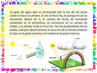La gota de agua que es atravesada por la luz de sol actúa
como lo hace un prisma. Si ves el Arco iris, es porque el sol se
encuentra detrás de ti, la cortina de lluvia, de humedad
contenida en la atmósfera, se encuentra en tu campo de
visión, y es donde verás el Arco iris. Por las propiedades de las
ondas, siempre observaremos el arco iris de la misma manera:
el rojo en la parte externa y el violeta en la parte interna.
 