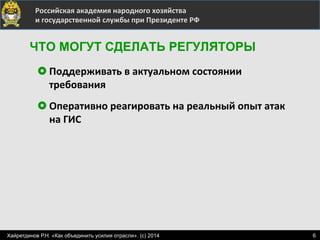  	
  	
  	
  	
  	
  	
  	
  	
  	
  	
  	
  	
  	
  	
  	
   	
  Российская	
  академия	
  народного	
  хозяйства	
  
	
  и	
  государственной	
  службы	
  при	
  Президенте	
  РФ	
  
£ Поддерживать	
  в	
  актуальном	
  состоянии	
  
требования	
  
£ Оперативно	
  реагировать	
  на	
  реальный	
  опыт	
  атак	
  
на	
  ГИС	
  
ЧТО МОГУТ СДЕЛАТЬ РЕГУЛЯТОРЫ
6Хайретдинов Р.Н. «Как объединить усилия отрасли». (с) 2014
 