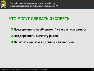  	
  	
  	
  	
  	
  	
  	
  	
  	
  	
  	
  	
  	
  	
  	
   	
  Российская	
  академия	
  народного	
  хозяйства	
  
	
  и	
  государственной	
  службы	
  при	
  Президенте	
  РФ	
  
£ Поддерживать	
  необходимый	
  уровень	
  экспертизы	
  
£ Поддерживать	
  «чистоту	
  рядов»	
  
£ Перестать	
  меряться	
  «длиной»	
  экспертизы	
  
ЧТО МОГУТ СДЕЛАТЬ ЭКСПЕРТЫ
7Хайретдинов Р.Н. «Как объединить усилия отрасли». (с) 2014
 