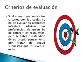  Si el alumno no conoce los
criterios con los cuales se
ha de evaluar su respuesta
intentará adivinar las
preferencias de quien ha
de corregir las respuestas,
pero se habrá desatendido
de su propio pensamiento
por tratar de seguir
supuestos que lo lleven al
éxito.
 